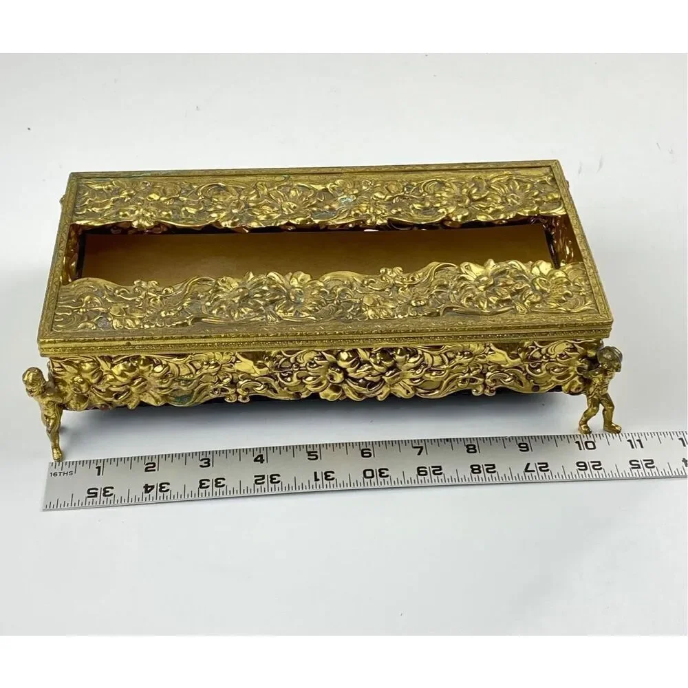 Vtg Cherub Angel Footed Tissue Box Vanity Patina Ormolu Flowers Baroque Rococo E